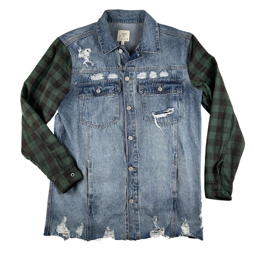 Bridge By Gly Jacket‎ Womens Small Blue Denim Distressed Plaid Shacket Longline